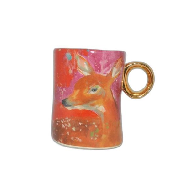 Anthropologie Lauren Carlson Walcott Red Art Deer Coffee Mug Cup - Picture 1 of 5